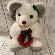 Vtg Westcliff Collection White Christmas Mouse Plush 8" w/ Christmas Wreath