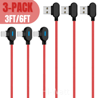 3Pack 90 Degree Braided USB Fast Charger Cable 3FT 6Ft For iPhone 14 13 12 11 XR
