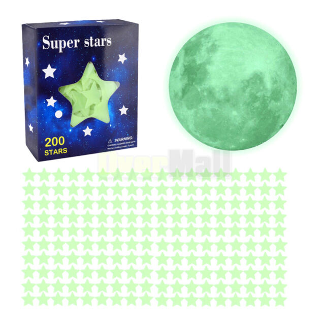 200xglow In The Dark Stars With Glow Moon Decal Wall Stickers Ceiling Star Decor
