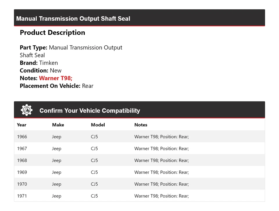 For 1966-1971 Jeep CJ5 Manual Transmission Output Shaft Seal Rear Timken 1967 - Image 2 of 4