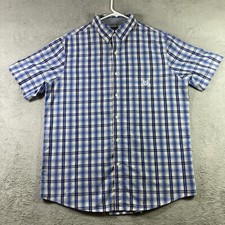Chaps Shirt Men Large Blue Plaid Button Down Crest Logo Preppy Casual Dress