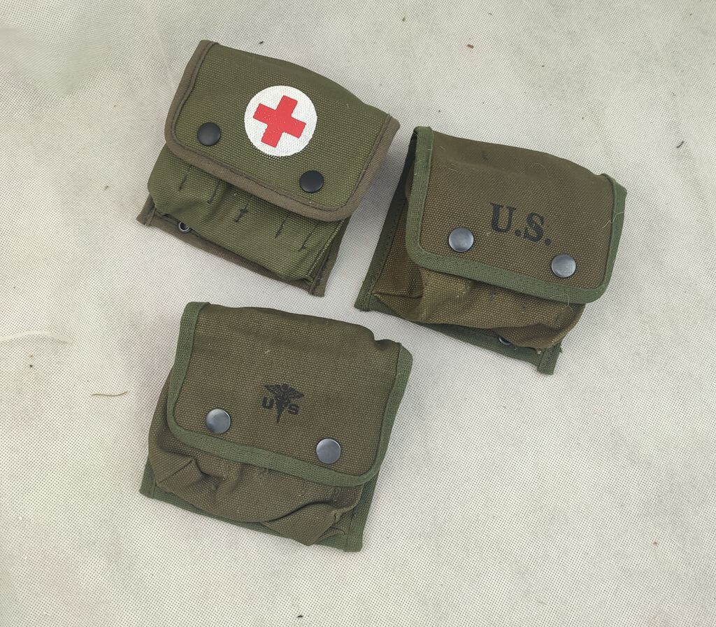 3PCS WW2 US ARMY M2 JUNGLE OLIVE CANVAS FIELD FIRST AID KIT POUCH
