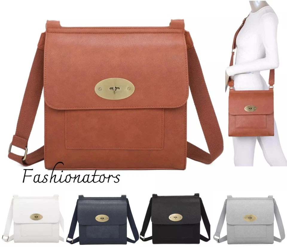 FASHIONATORS Große Damen-Umhängetasche mit Klappe Damen Body Metall Twist Schulter Reisetasche UK