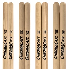ChromaCast  7A, 5A, 5B & 2B USA Made, Wood Tipped, Hickory Drumsticks | 4 Pairs