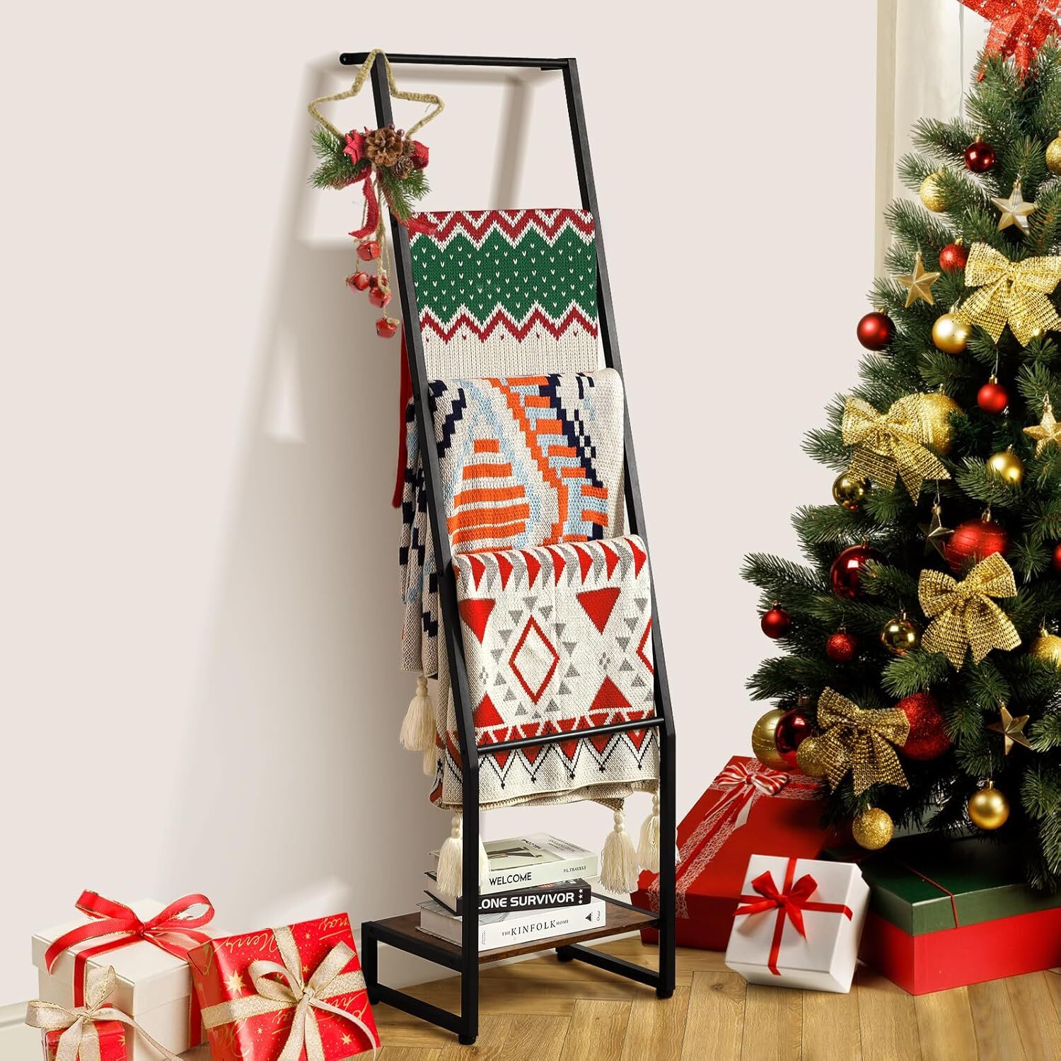 Blanket Ladder, 5 Tier Ladder Shelf,Wooden Blanket Ladders for Living Room