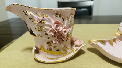 Vintage Lefton Pink Porcelain Cigarette Holder Dresser Vanity Set Signed 2  Piece
