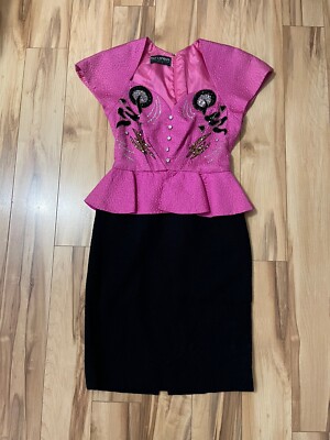 Vintage Ted Lapidus Couture Paris Prom Dress Hot Pink & Black Beaded Peplum 4/6