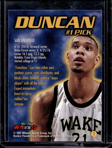1997 Wheels Rookie Thunder #1 Tim Duncan Rising Storm - Picture 2 of 2