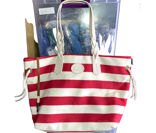 Dooney Bourke Sullivan Red White Striped Zip Tote Shoulder Bag Nylon 16"