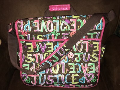 JUSTICE PEACE/LOVE MESSENGER BAG GRAFFITI PINK SHIMMER ACCENTS