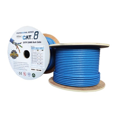 500Ft CAT8 Solid S/FTP Bulk Wire 23AWG 40Gbps Blue