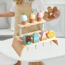 Wooden Ice Cream Set Food Toys Set Kitchen Set Ice Cream Counter for Age 2-4