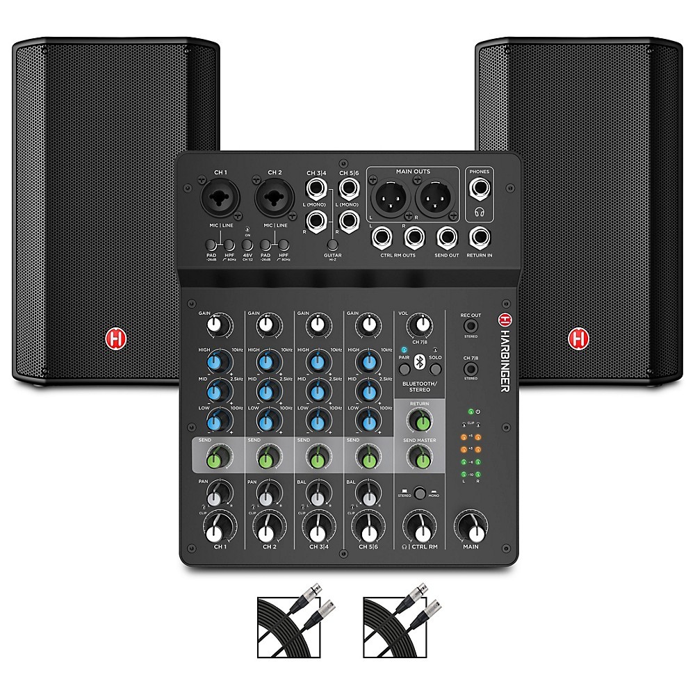 Harbinger VARI V1112 12 Powered Speakers Package With LV8 Mixer and Cables 102190₽