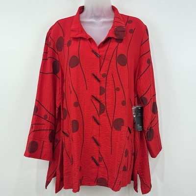 Ali Miles Jacket Womens 1X Red Floral NWT Wire Collar Mature Art To Wear Loose