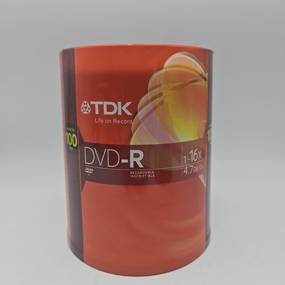 New TDK DVD-R 100 Pack Recordable Blank Disc Spindle 16X Speed 4.7 GB Data Each