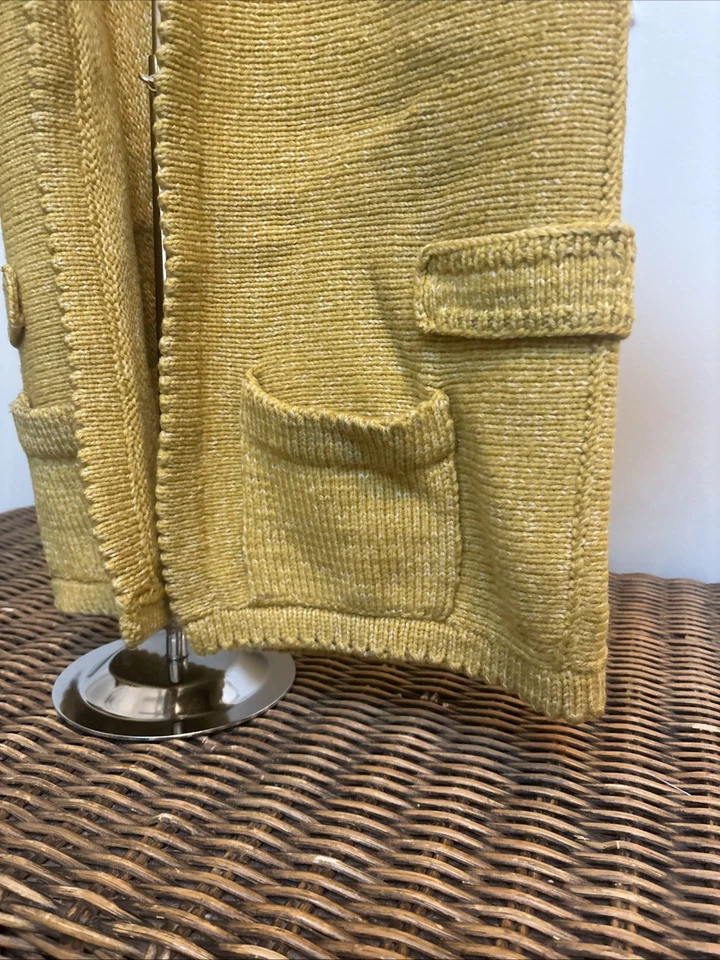 Cárdigan de Colección Hecho a Mano Grueso Tejido Años 60 Frente Abierto Cuello Amarillo Bolsillos Lana Foto 4 de 4