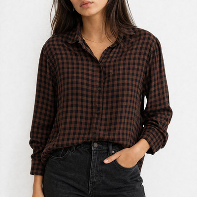 BeachLunchLounge Button Up Shirt Women's Large Brown Plaid Subtle Pleated Yoke