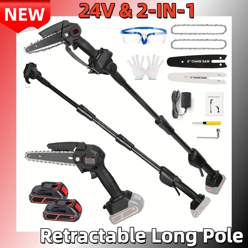 24V Cordless Pole Saw Brushless Chainsaw for Tree Trimming w/2 Battery & Charger