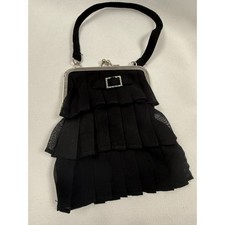Vintage Black Ruffle Evening Handbag Clutch Frame Purse Silver Kiss Lock
