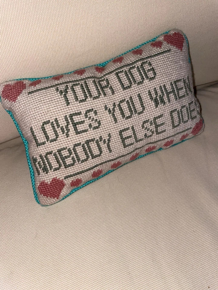 Vintage Embroidered Pillow Your Dog Loves You Needlepoint 9.5" x 6.5" x 3 - Image 2 of 4