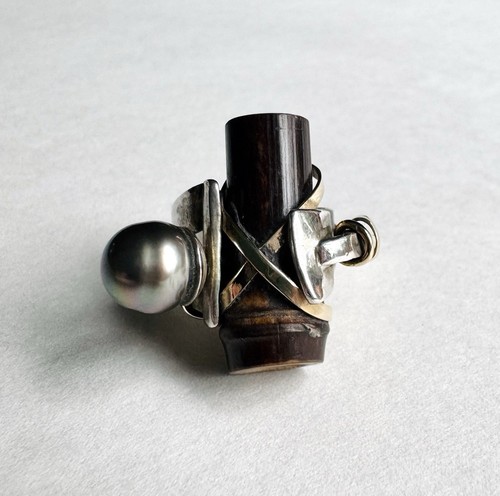 Fred & Janis Tate Sterling Silver 14K Gold Tahitian Pearl & Bamboo Ring Sz 5.75 - Picture 11 of 20