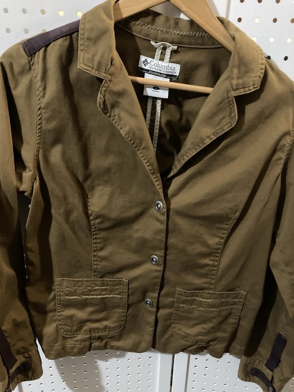 Columbia Women’s M Medium Dk khaki Brown jacket Snap Front Pockets Cotton 