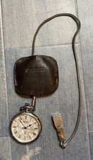 Vintage SEIKO Quartz Pocket Watch Silver with Original Leather Case Chain JAPAN