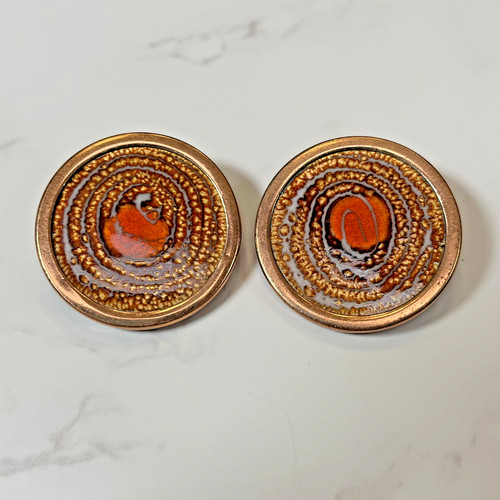 Vintage Matisse & Renoir Clip on Burnt Orange & Gold Enamel Over Copper Earrings
