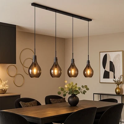 GLOBO Hängelampe Pendelleuchte Esszimmerleuchte 4-Flammig Rauchglas Metall schwarz