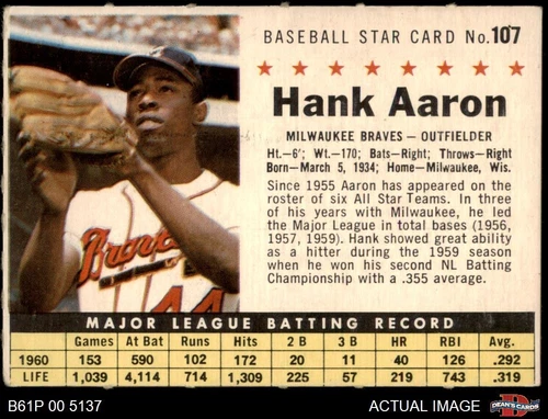 1961 Post Cereal #107 Hank Aaron Perforated Braves HOF 4 - VG/EX