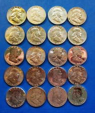 FULL ROLL OF 20 MIXED DATE FRANKLIN HALF DOLLARS. CIRCULATED.