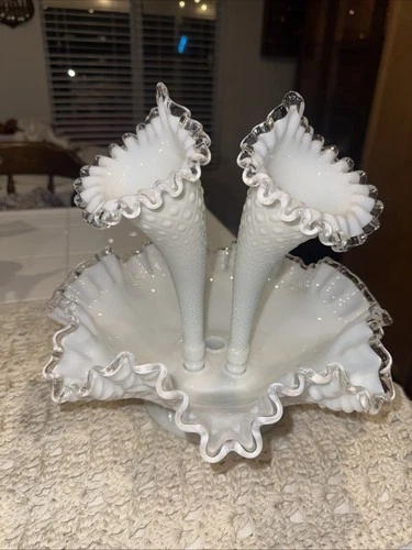 VTG Fenton Epergne Ruffled Edge Milk Glass White Silver Crest Two Born Left