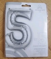 Large Silver Number 5 Uninflated Foil Helium Balloon