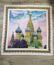 Handmade vintage silk scarf featuring Saint Basil's Cathedral Moscow souvenir
