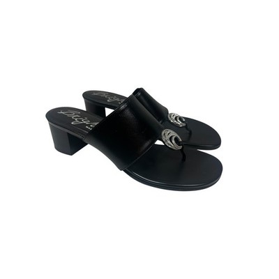 Brighton Katia Black Leather Thong Sandals Block Heel Silver Jeweled Italy 9M