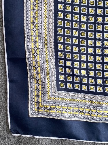 VTG Hand rolled Pocket Handkerchief Blue Gold Square Geometric Silk Japan - Picture 5 of 9