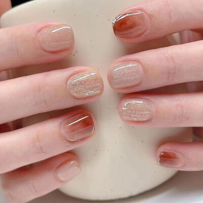 24Pcs Short Round False Nails French Pink Glitter Press On Fake Nails With Glue