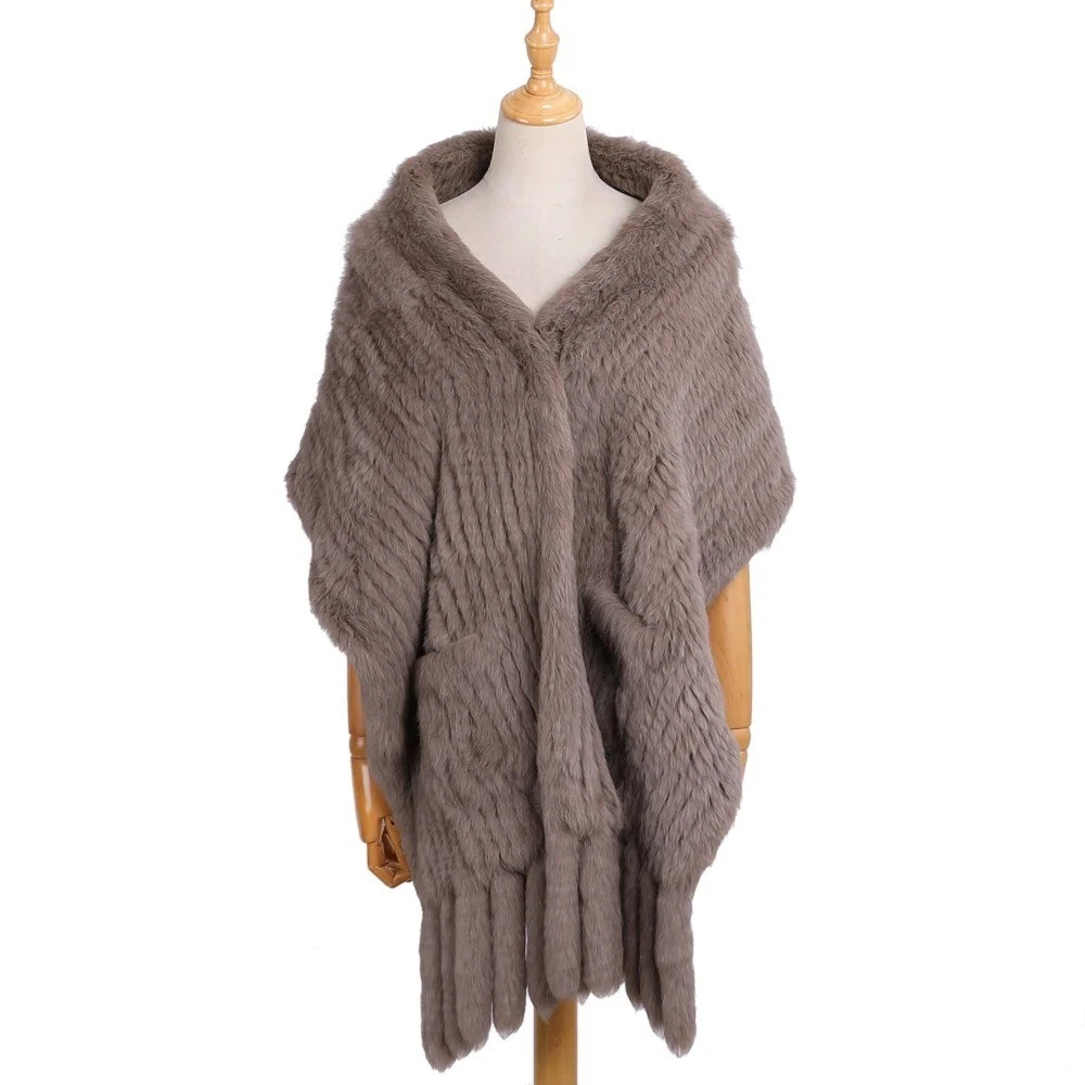 Women’s Genuine Knitted Rabbit Fur Scarf with Tassels Winter Wrap Shawl Cape