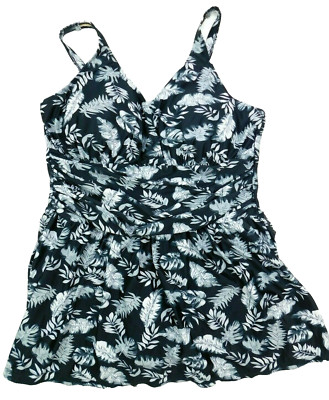 Perona Women's 18 Black/White/Grey Leaf Swimdress One Piece Swimsuit NWT