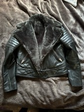 All Saints Perkins Lux Biker Leather Faux Fur Jacket Black Size 12 Bnwot