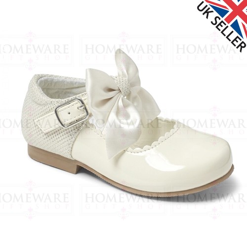 Girls Bow Shoes Mary Jane Spanish Style Shoes Shiny Patent White Uk Designer - Picture 12 of 17