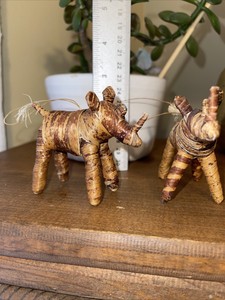2 VTG RARE Handmade Bamboo Rhinoceros Figures, Zoo Africa Animal, Unique