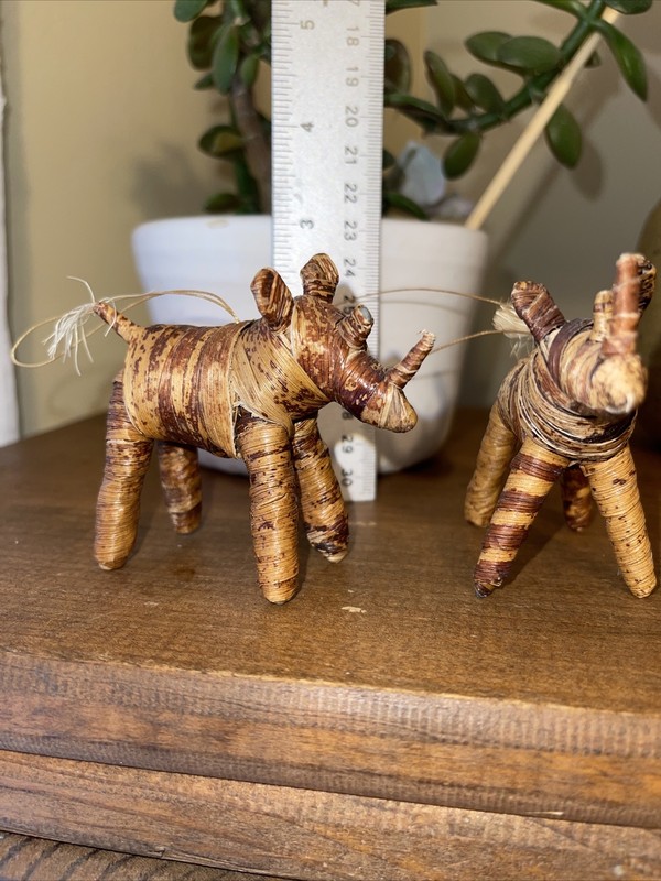 2 VTG RARE Handmade Bamboo Rhinoceros Figures, Zoo Africa Animal, Unique