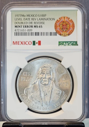 1977 MEXICO SILVER 100 PESOS DOUBLED DIE REVERSE NGC MS 65 MINT ERROR GEM BU