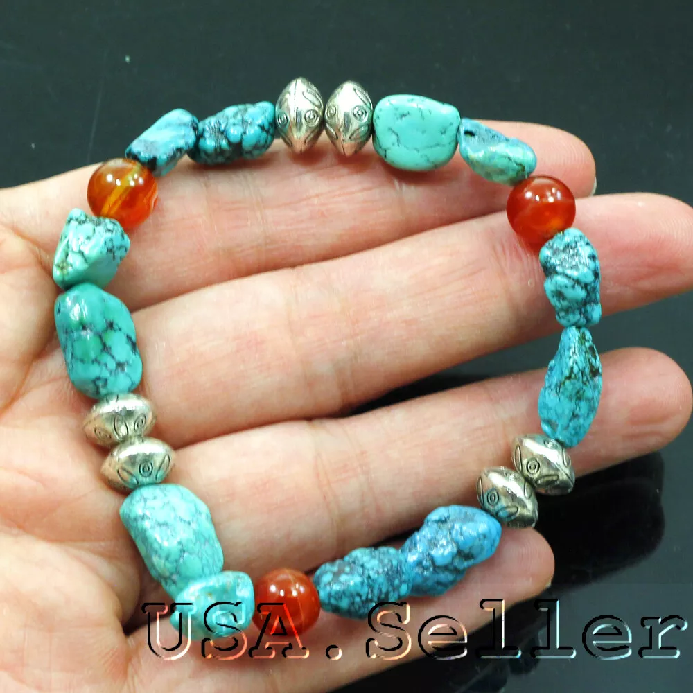 Blue Kingman Turquoise Nugget Bracelet Carnelian Beads Stretch