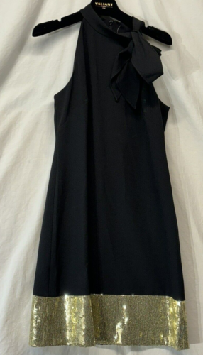 Vince Camuto Petite Tie-Neck Glitter-Hem Shift Dress Black Size 6 New