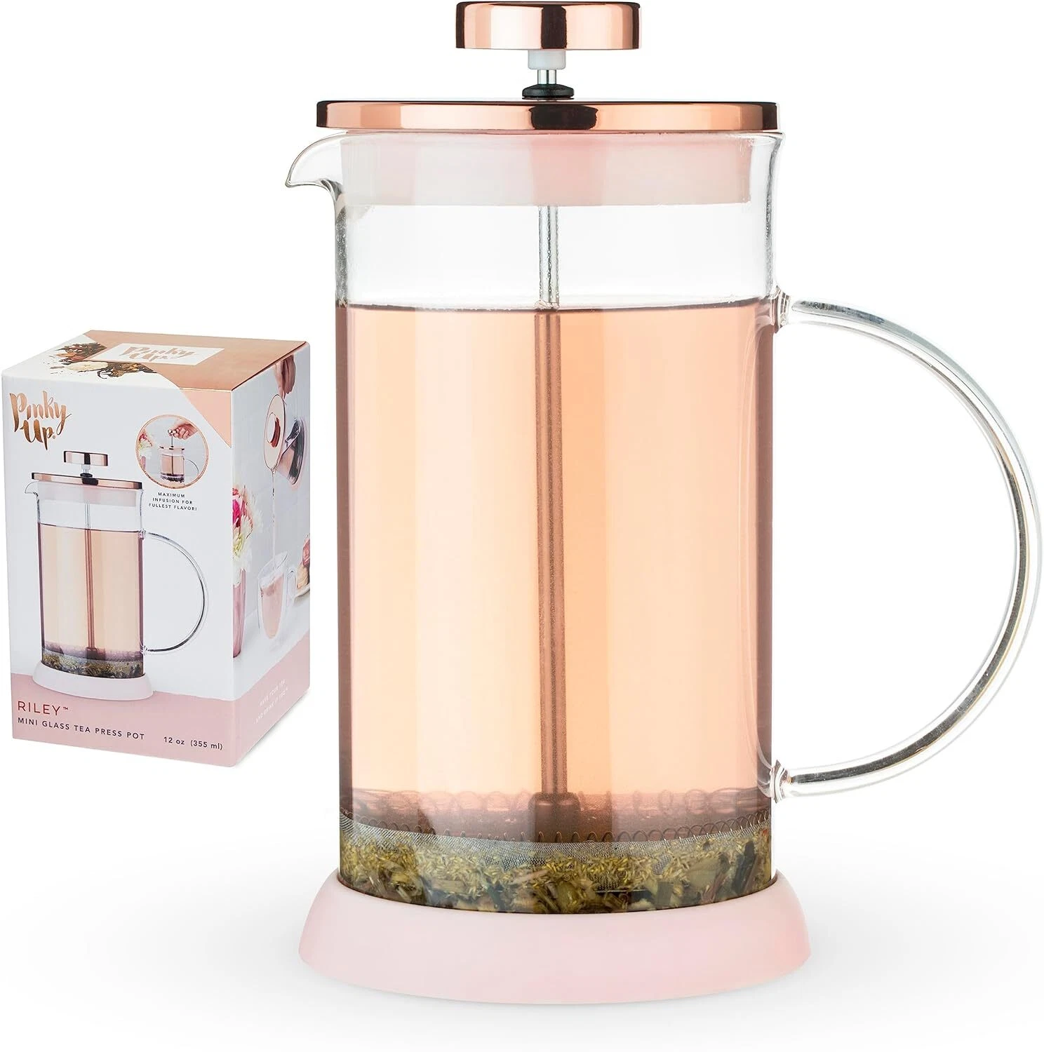 Pinky Up Riley Mini Glass Tea Press Pot, Coffee Maker, 12 oz, Rose Gold