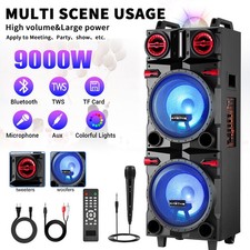 9000W Bluetooth Speaker Dual 10" Subwoofer Heavy Bass Sound System Party  Mic