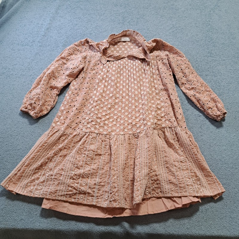 Zara Pink Floral Eyelet Lace Cutwork Dress Kids Size 9 Casual Long Sleeve