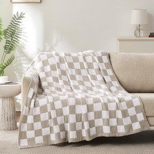 Checkered Throw Blanket, Taupe Soft Cozy Fluffy Knitted Throw Blankets for Co...